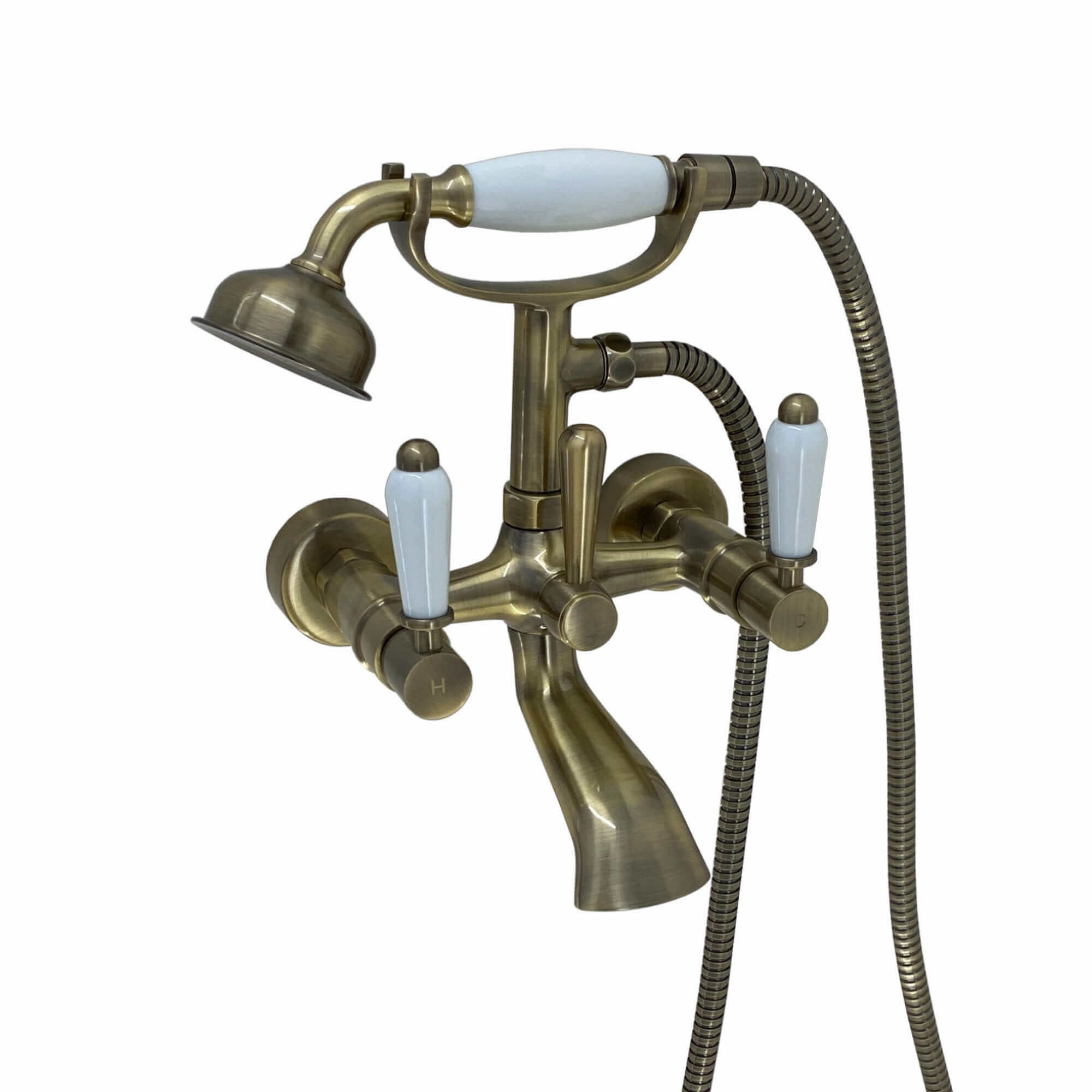 Buy Downton wall mounted bath shower mixer tap with white ceramic levers - antique brass Online UK | HOUSE OF ENKI